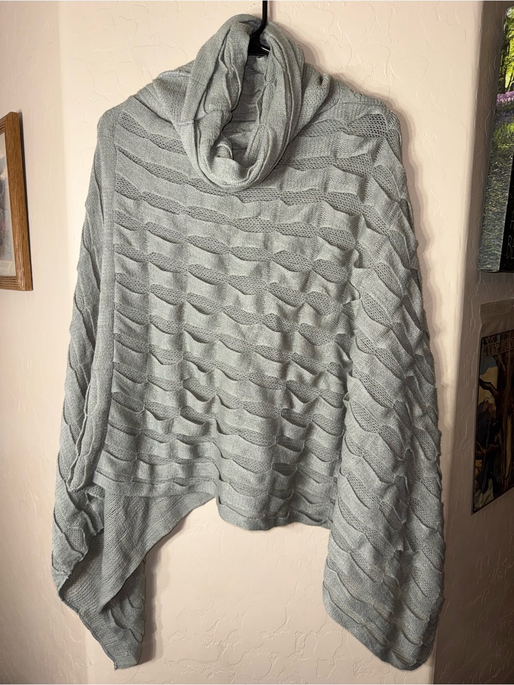 Arden B Gray Cowl Neck Textured Knit Poncho Sweater One Size Asymmetrical Wrap